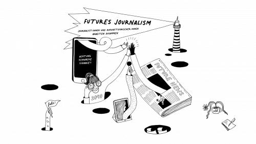 Wimmelbild zu "Futures Journalism": Hände arbeiten zusammen, ein Leuchtturm symbolisiert Ausblick, eine Zeitschrift mit "Future News", neugieriges Erkunden in Zukünfte