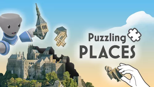 Ein lachender Avatar im HIntegrund setzt ein 3D Puzzle Stück auf eine mittelalterliche Festung. Im Vordergrund hat eine stylisierte Hand ein anderes Stück des Puzzles in der Hand, darüber steht Puzzling Places.