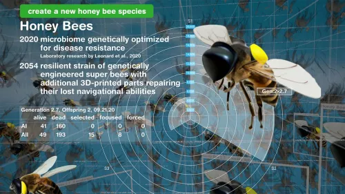 Screenshot from the mobile app Speculative Evolution shows a newly created honeybee with 3D-printed parts