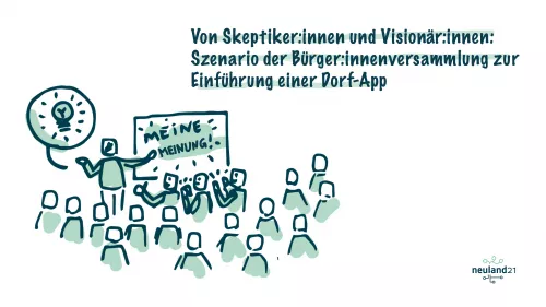Das Bild zeigt ein Szenario einer Bürger:innenversammlung mittels Strichmännchen. Eine Person steht vor einer Tafel und präsentiert etwas. Mehrere Personen sitzen davor und hören zu. Einige applaudieren.