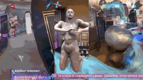 animated abstract image, which represents augmented reality app, with naked body, a phone and abstract images