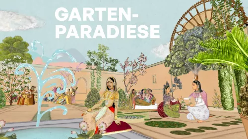 Bild eines illustrierten Gartens. Eine Wasserfontäne spritze und Menschen sitzen und stehen in dem Garten. 
