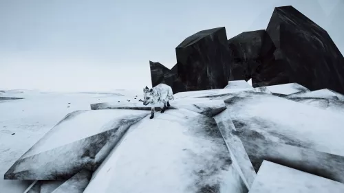 Gezeichneter Polarfuchs läuft über eine Eislandschaft.