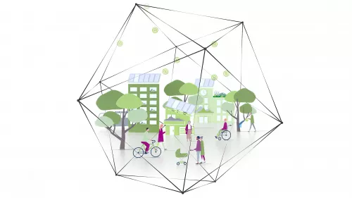 Illustration einer Stadt. 