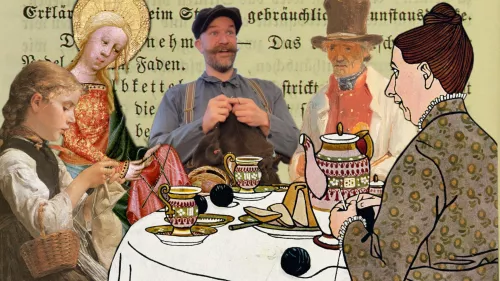Eine Kollage aus verschiedenen historischen Abbildungen von Strickenden um einen Teetisch - darunter der Veranstalter.