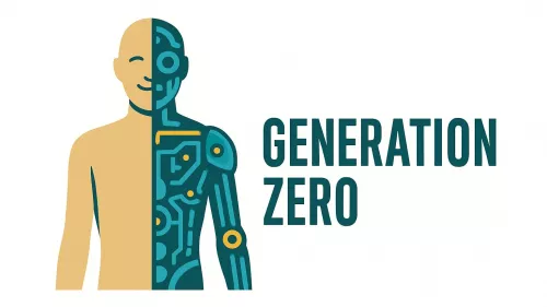 Bild eines Hybridwesens, halb Mensch, halb Roboter. Der Titel lautet: Generation Zero.