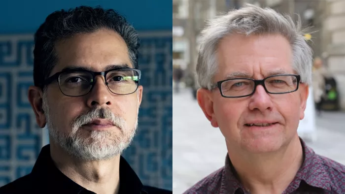 Two photographs of Ulises and Nick. Both are wearing glasses and look friendly.
