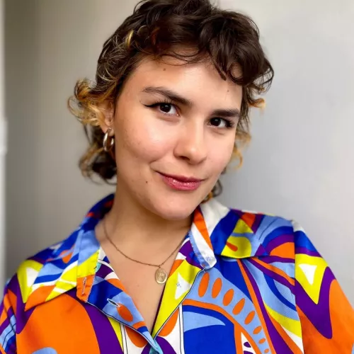 White person smiling, with short brown hair and blonde highlighs, wearing a colorful shirt and a necklace.