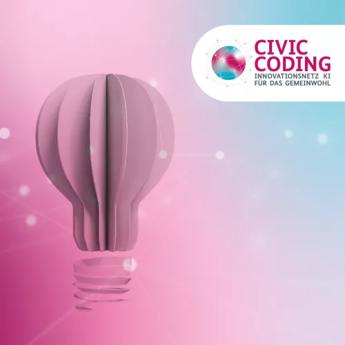 Logo mit Origami-Grafik in Form einer Glühbirne und dem Schriftzug Civic Coding - Innovationsnetz KI für das Gemeinwohl