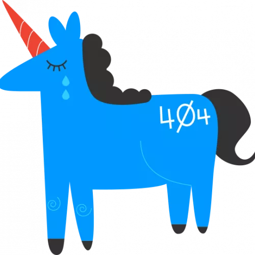 Ein blaues Einhorn weint zwei Tränen weil es 404 auf dem Hintern stehen hat