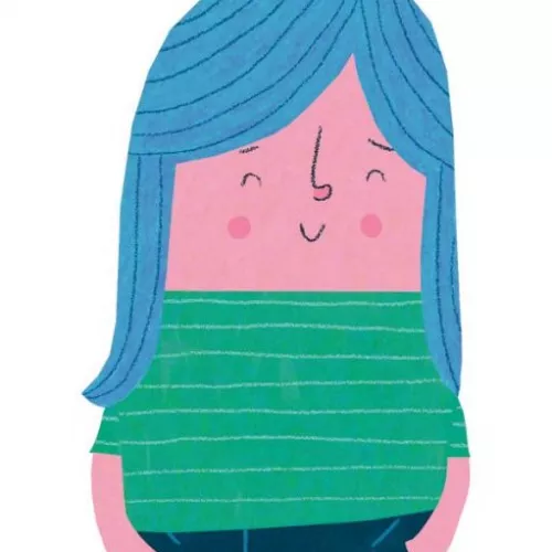 A simple drawing of a boxy woman with pink skin and blue hair, wearing a green top and dark blue trousers with her hands in her pockets. She is smiling at the viewer. 