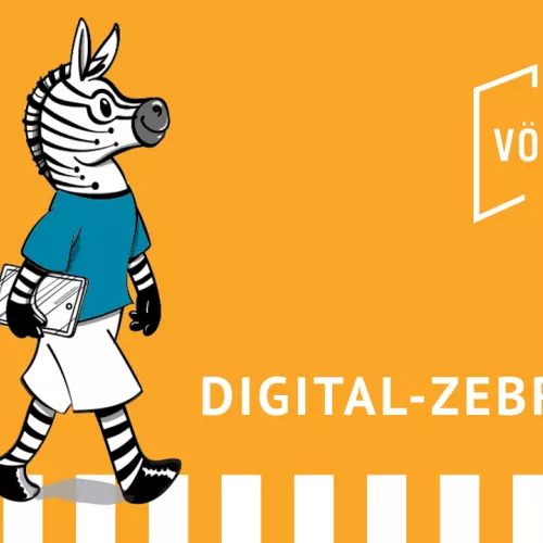 Gezeichnetes Digital-Zebra mit Tablet unter dem Arm überquert einen Zebrastreifen