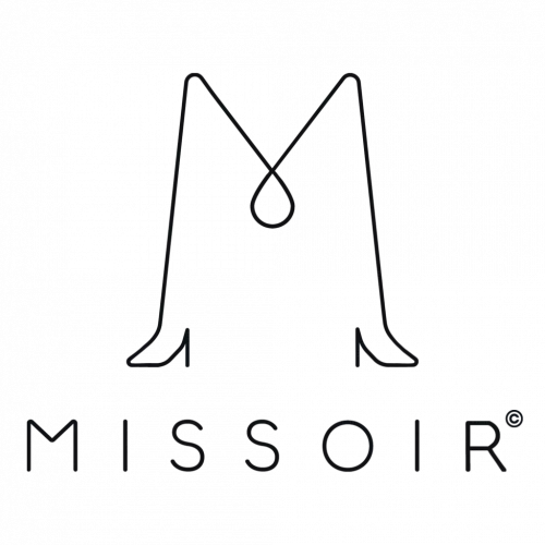 Missoir Logo: Buchstabe M mit Tropfen und Schuhen, Marktenname Missoir darunter