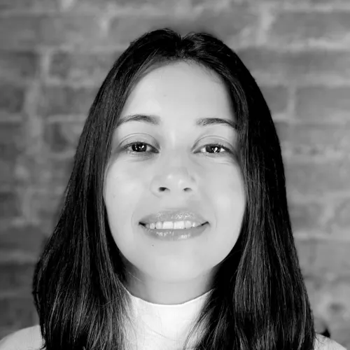 Black and white photo of a women with black hair