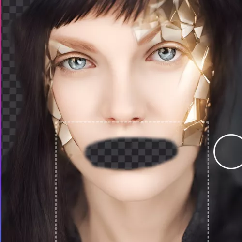 An AI-altered self-portrait of Jovanka v. Wilsdorf. She looks directly into the camera. While her mouth has been manually removed, golden polygons grow out of the sides of her face.