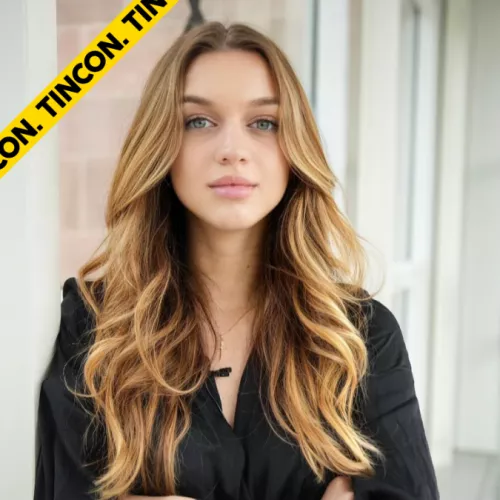 Rafaela guckt in die Kamera. Sie hat offene blonde lange Haare und trägt eine schwarze Bluse. Der Hintergrund ist weiß.