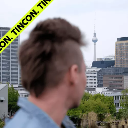 Unscharfes Bild von einem Hinterkopf mit Irokesenhaarschnitt, im Hintergrund ist der Berliner Fernsehturm scharf zu erkennen