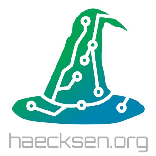 Logo der Haecksen, welches aus einem spitzen Hut mit grün-baluen Farbverlauf besteht und mit weißen Leiterbahnen durchbrochen wird