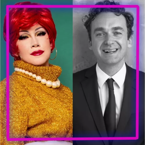 Eine Collage aus zwei Fotos: Drag Queen Audrey Naline auf der linken Seite des Bildes, Dr. Anwalt auf der rechten Seite des Bildes
