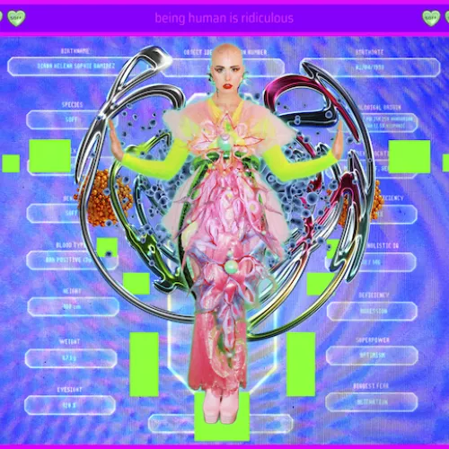 Interdimensionales Profilbild von SOFF, das eine Frau mit Glatze in einem rosa, organisch geformten Kleid zeigt, vor einer Informations-Darstellung über Eigenschaften des Avatars stehend, in einem Rahmen der die Aufschrift "Being human is ridiculous" trägt.
