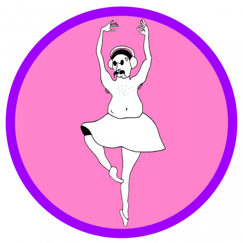 Logo des Körperfunkkollektivs: Ballett-tanzende Person mit freiem Oberkörper, Schnurrbart, Sonnenbrille und Kopfhörern.